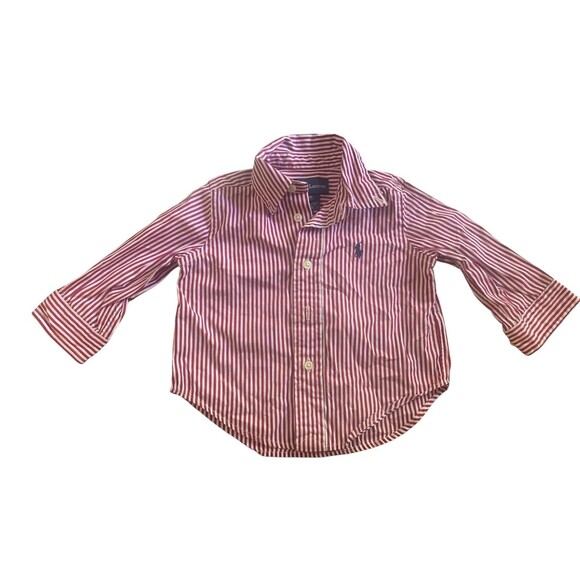 Ralph Lauren Baby Shirt 9M Red White Stripe Long Sleeve Button Down Cotton Top - Picture 1 of 4